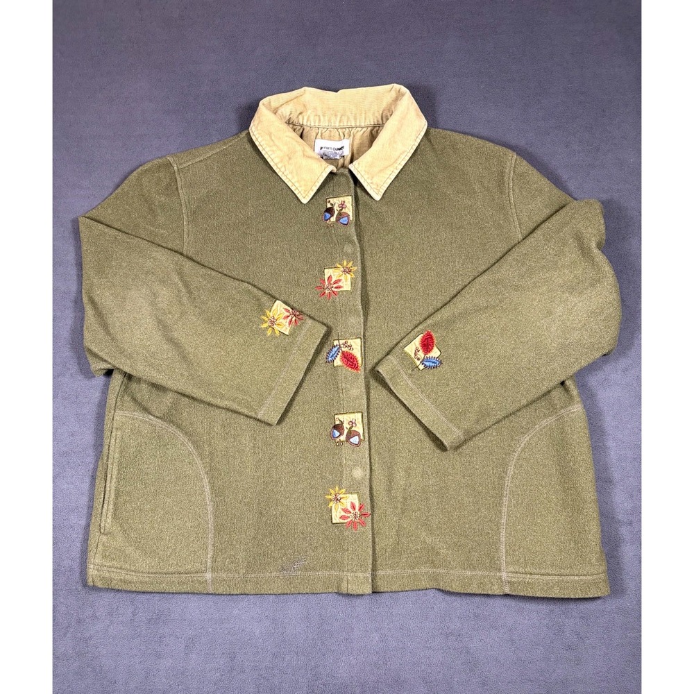 Alfred Dunner Fleece Jacket Womens XL Green Floral Corduroy Collar Snap Front